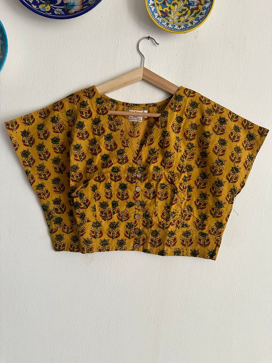 MUSTARD AJRAKH COTTON BLOUSE BLOUSE WITH WOODEN BUTTON
