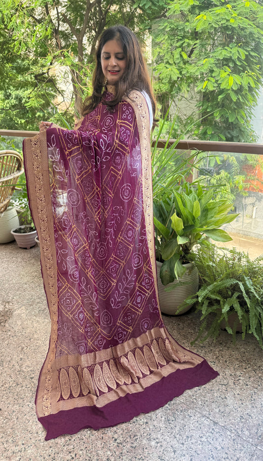 Grape Purple handwoven neemzari bareek bandhani in khaddi georgette dupatta