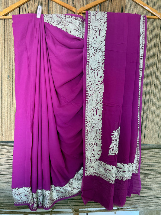 PURPLE LOVELY KASHMIRI TILLA WORK REDYEABLE PURE GEORGETTE SARI WITH BLOUSE