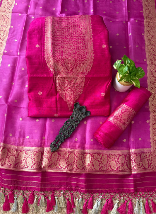 Rose Pink raw silk certified handloom banarsi kadwa butti with woven zari three piece suit
