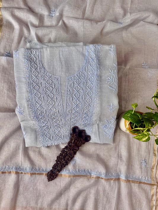 PIGEON BLUE PREMIUM MULL CHANDERI LUCKNOWI CHICKENKARI HAND EMBROIDERY THREE PIECE SUIT