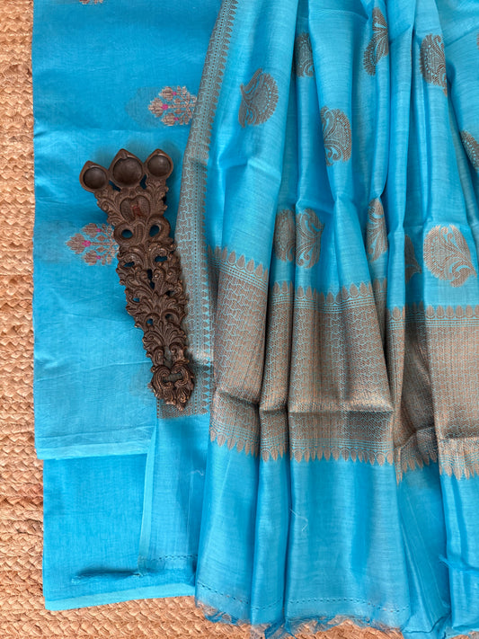 Turquoise Blue chanderi handloom banarsi booti three piece suit