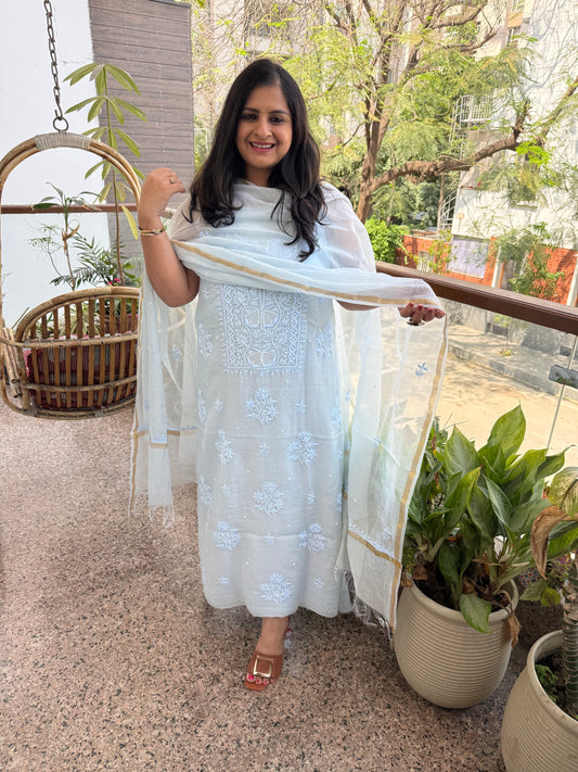 POWDER BLUE PREMIUM MULL CHANDERI LUCKNOWI CHICKENKARI WITH MOTI WORK HAND EMBROIDERY THREE PIECE SUIT