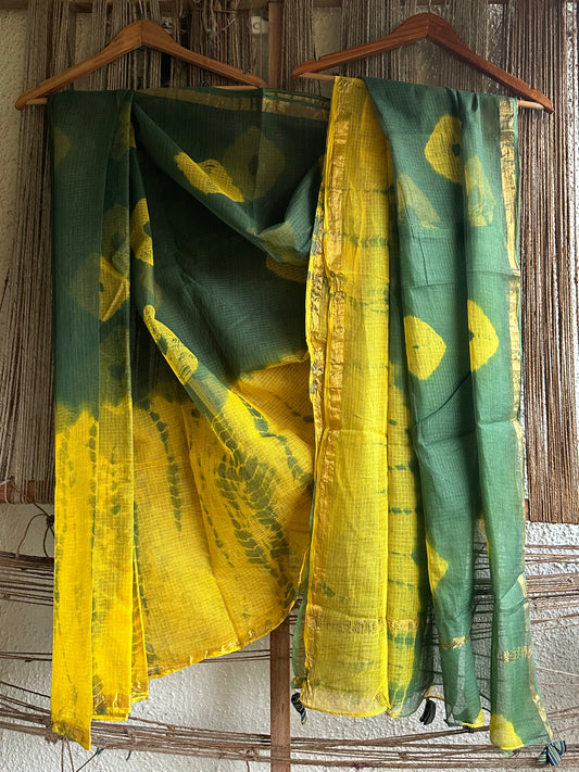 GREEN MUSTARD KOTA SHIBORI DORIA HANDBLOCK SARI
