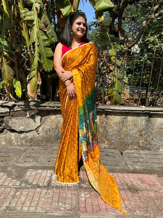 MUSTARD YELLOW MODAL SILK BANDHANI SARI WITH PICHWAI PRINT BPS 5