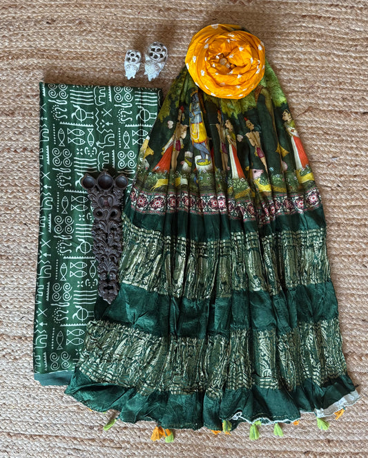 Green mashru silk kurta with bandhani pichwai handcrafted modal silk dupattas