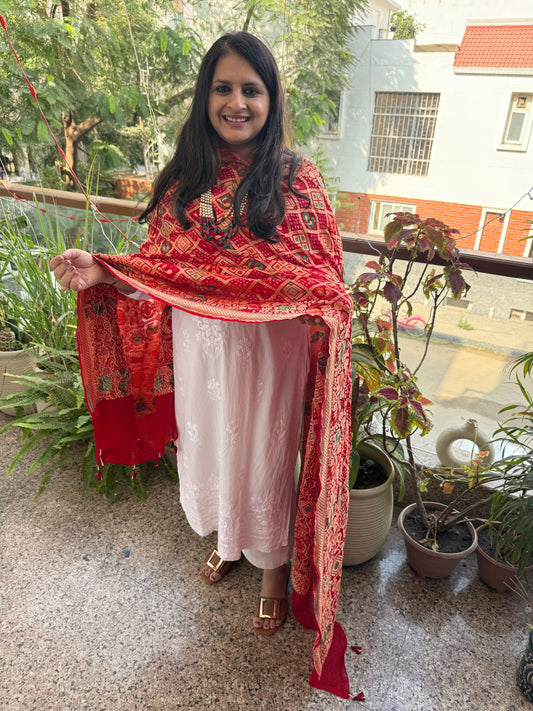 Red Handwoven Bareek Bandhani in Meenakari Jaal Premium Georgette dupatta