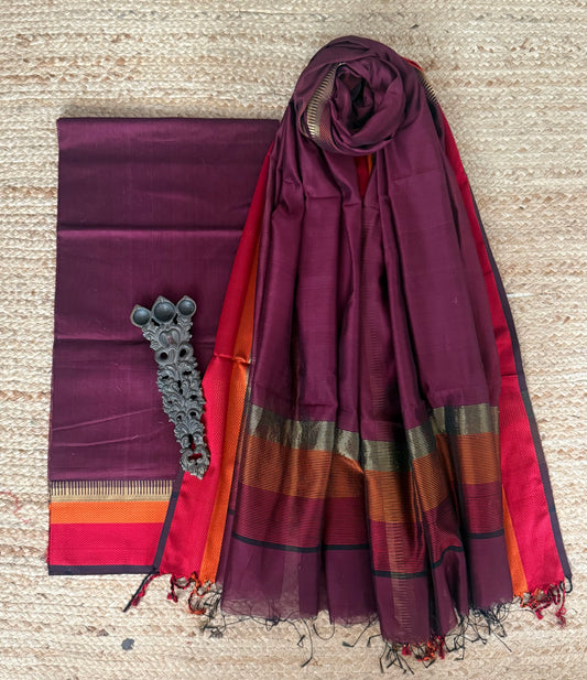 Deep Wine maheshari border silk handloom kurta set