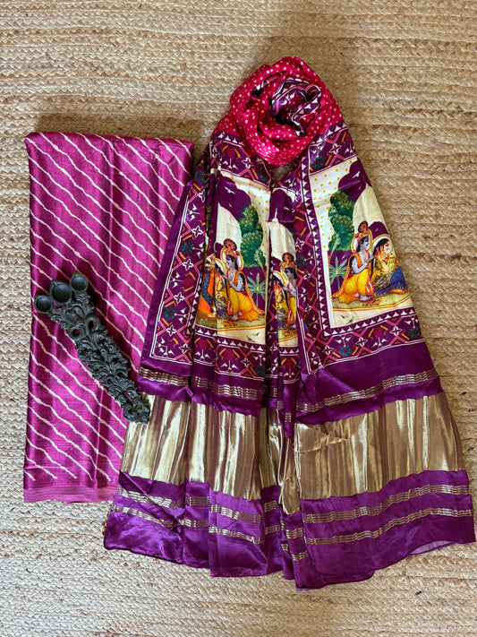 MAGENTA PURPLE LEHERIYA MASHRU SILK KURTA WITH PATOLA HANDCRAFTED MODAL SILK DUPATTA