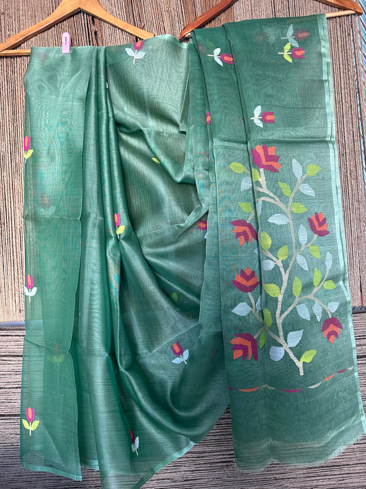 GREENISH JAMDANI HANDWOVEN PURE MUSLIN SILK SARI MJS 30