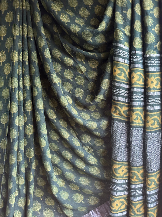 GREEN AKOLA LINEN ZARI WOVEN HANDBLOCK SARI