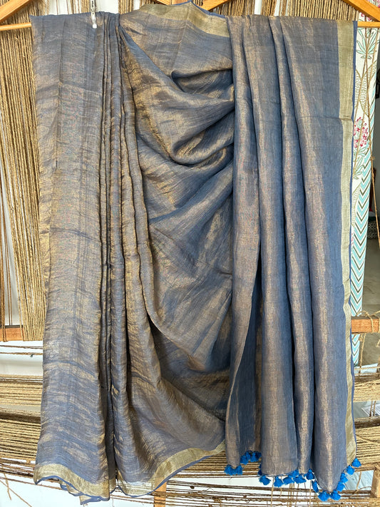 Slate Blue Metallic linen Sari with Silver woven Border and Tassels ML-37