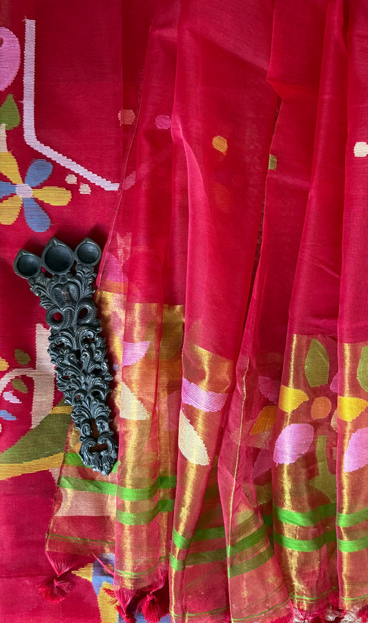 RUBY RED HANDWOVEN JAMDANI PURE MUSLIN SILK KURTA SET MJK-106