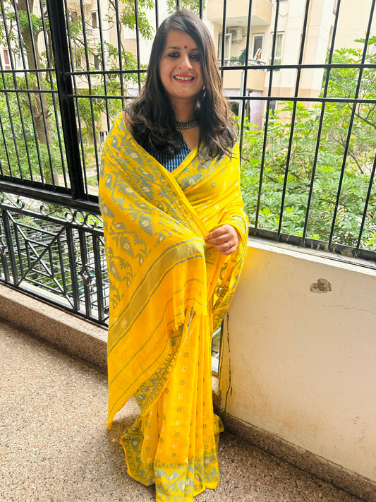 BUMBLEBEE YELLOW MULL HANDLOOM COTTON JAMDANI WOVEN SARI