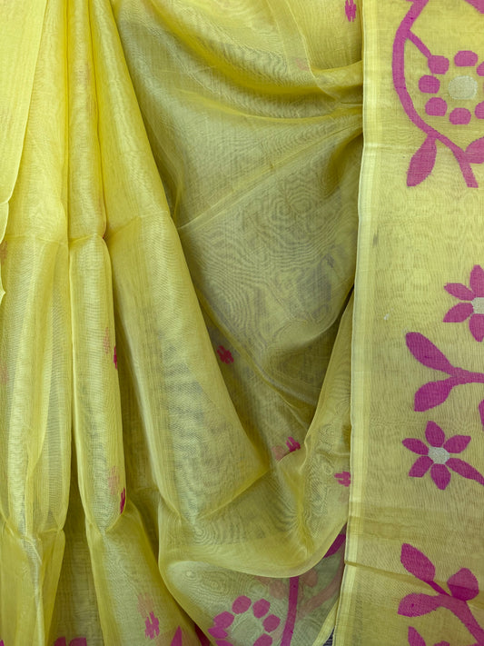 SUNSHINE YELLOW JAMDANI HANDWOVEN PURE MUSLIN SILK SARI MJS-9