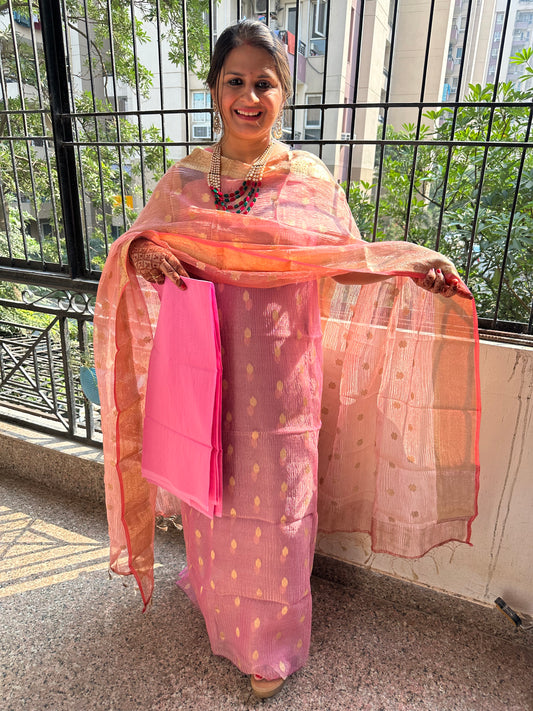 ROSE PINK BANARASI ZARI CRUSHED TISSUE SILK THREE PIECE SET SUIT