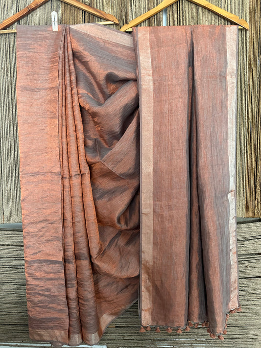 POWDER BLUE COPPER METALLIC LINEN SARI WITH WOVEN BORDER ML-11