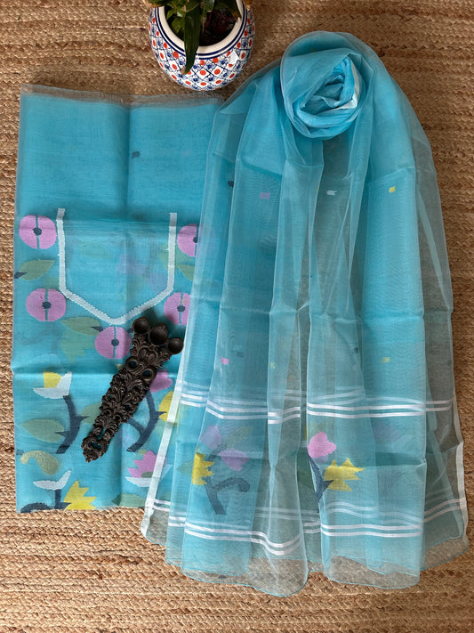 TURQUOISE BLUE HANDWOVEN JAMDANI PURE MUSLIN SILK KURTA SET MJK-57