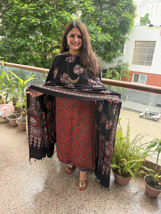 Maroon Ajrakh Modal Silk Handcrafted Kurta With Black Ajrakh Handcrafted Mirror Work Modal Silk Dupatta
