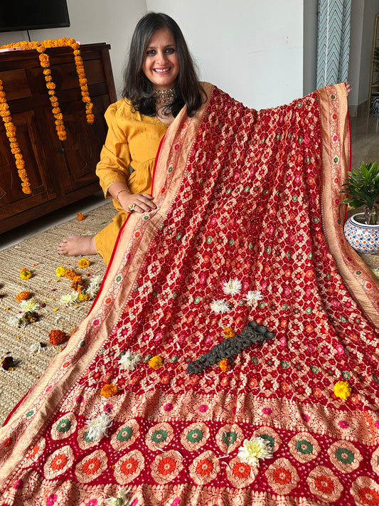 Red Handwoven NeemZari Bareek Bandhani in Khaddi Georgette dupatta with Meenakari Work