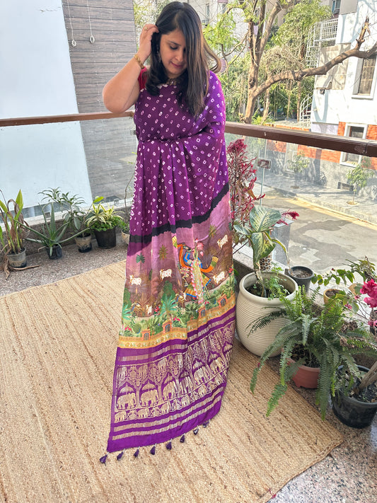 PURPLE MODAL SILK BANDHANI  SARI WITH PICHWAI PRINT BPS 15