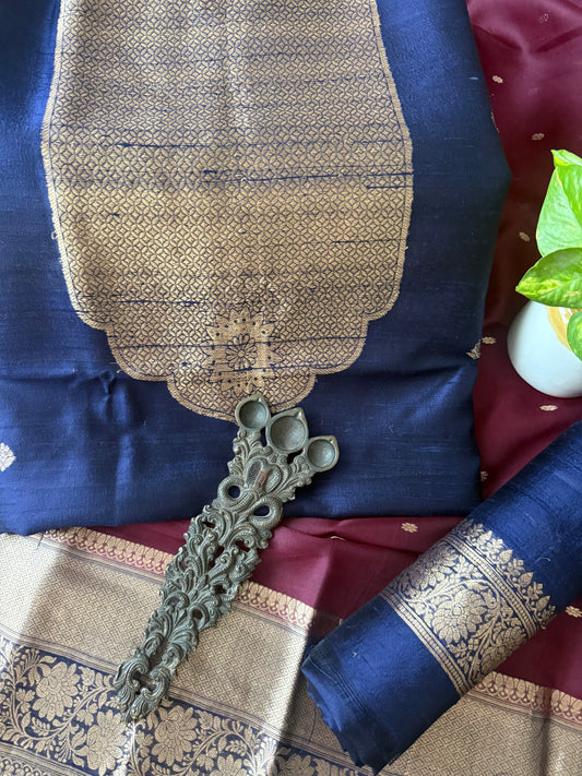 NAVY BLUE RAW SILK CERTIFIED HANDLOOM BANARSI KADWA BUTTI WITH WOVEN ZARI THREE PIECE SUIT