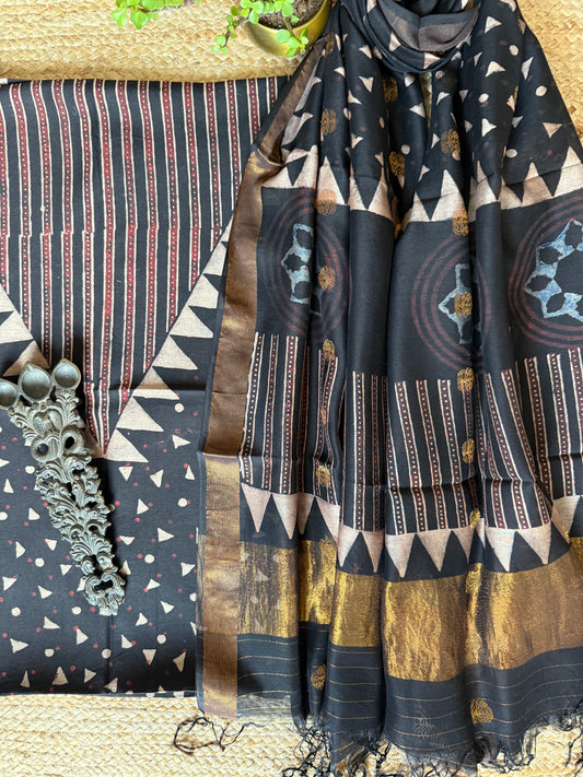 BLACK AJRAKH CONTEMPORARY CHANDERI SILK HANDBLOCK KURTA SET WITH COIN BUTTA DUPATTA CBS-33