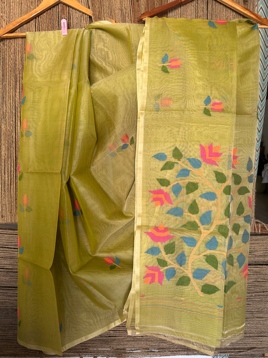 PEAR GREEN JAMDANI HANDWOVEN PURE MUSLIN SILK SARI MJS 33