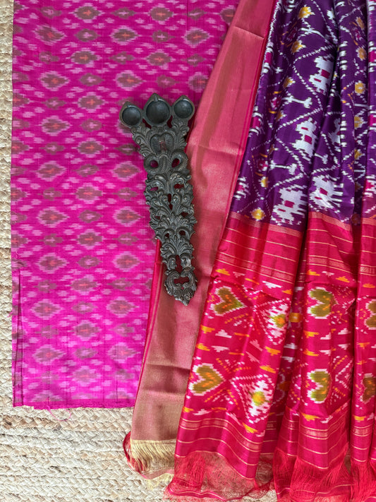 MAGENTA PINK RAW SILK IKKAT HANWOVEN KURTA WITH IKKAT PATOLA PURE SILK HANDWOVEN DUPATTA