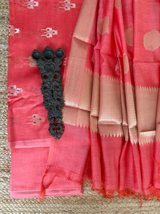 Watermelon Pink chanderi handloom banarsi booti three piece suit