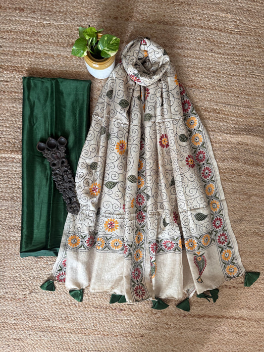 Green Solid mashru silk kurta with Natural Beige kantha work hand embroidery Pure Tussar Silk dupatta