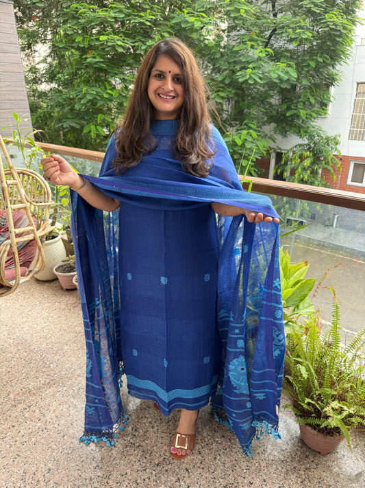 ROYAL SAPPHIRE BLUE PURE JAYSHREE LINEN JAMDANI HANDWOVEN KURTA SET