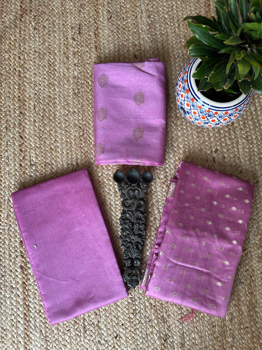 Onion pink chanderi Katan silk certified handloom Banarsi Booti three piece suit