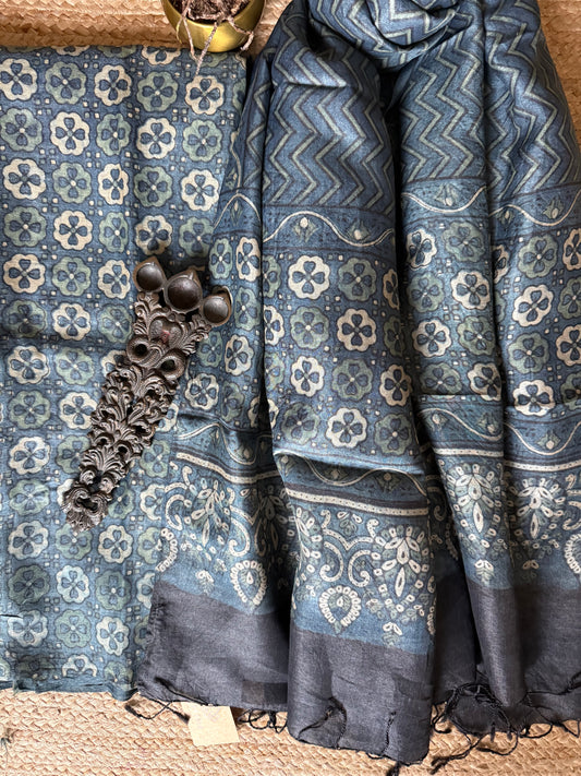Indigo blue ajrakh tussar silk handblock suit set tss- 18