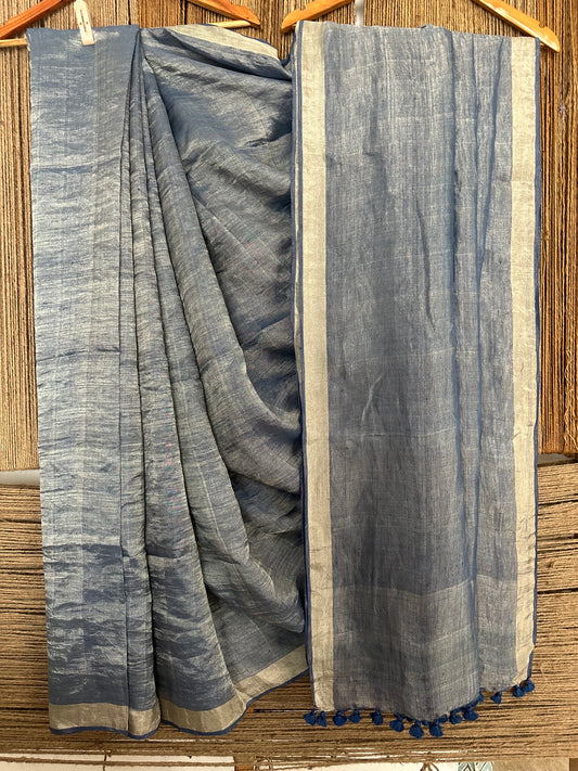 SLATE BLUE SILVER METALLIC LINEN SARI WITH WOVEN BORDER ML-14