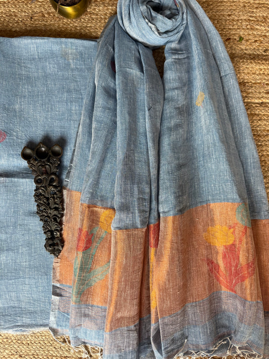 SAPPHIRE BLUE COPPER WOVEN LINEN  KURTA SET LJS- 2010