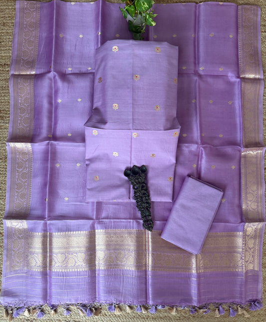 Pastel Purple Cotton silk certified handloom banarsi kadwa booti meenakari With kora Dupatta three piece suit