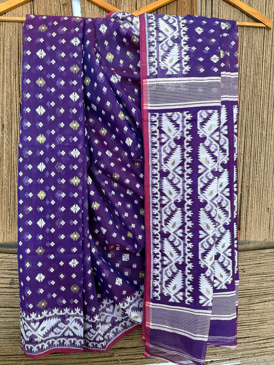 PURPLE HAND WOVEN BEAUTIFUL BENGAL COTTON JAMDANI SARI WITH BLOUSE