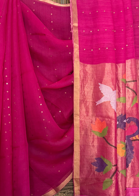 Hot Pink Jamdani sequence work handwoven pure muslin silk sari With Paithani Jamdani Pallu and Matka Silk Blouse Piece