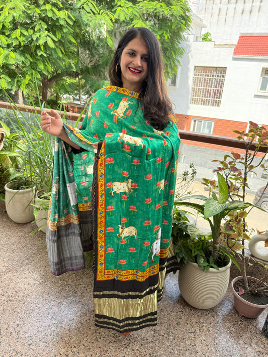 Black zigzag mashru silk kurta with patola pichwai handcrafted modalsilk dupatta ps-243