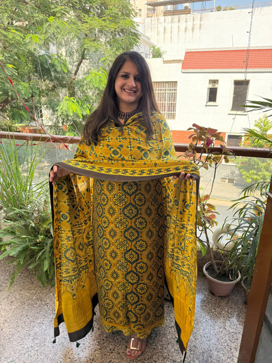 MUSTARD YELLOW AJRAKH MODAL SILK HANDBLOCK KURTA SET