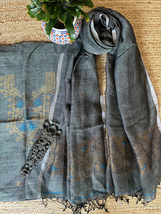 BLACK GREY JAMDANI WOVEN LINEN KURTA SET LJS- 1028