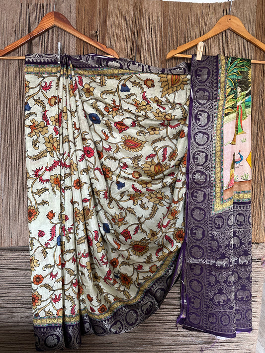 LIGHT GREEN PURPLE DOLA SILK PICHWAI PRINT ZARI BORDER SARI