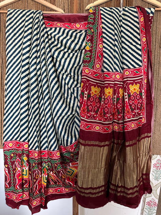 BLUE MAROON MODAL SILK PICHWAI SARI WITH ZARI BORDER PMS- 1024