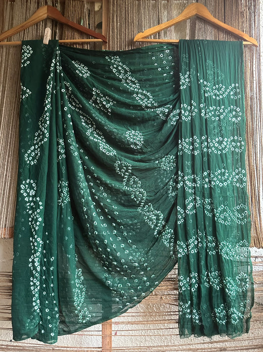 BOTTLE GREEN BANDHANI HANDCRAFTED CHIFFON SARI CB-16