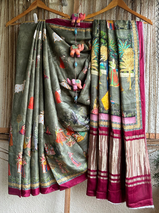 GREY MAROON   PICHWAI  MODAL SILK PATOLA PRINT SARI WITH ZARI BORDER PMS- 1073