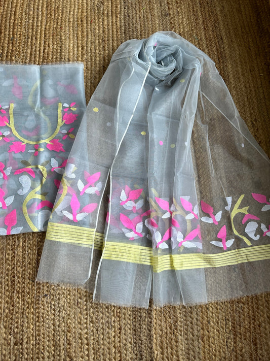 GRAY JAMDANI HANDWOVEN PURE MUSLIN SILK KURTA SET
