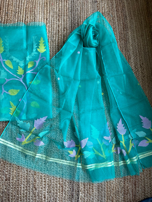 SEA GREEN JAMDANI HANDWOVEN PURE MUSLIN SILK KURTA SET