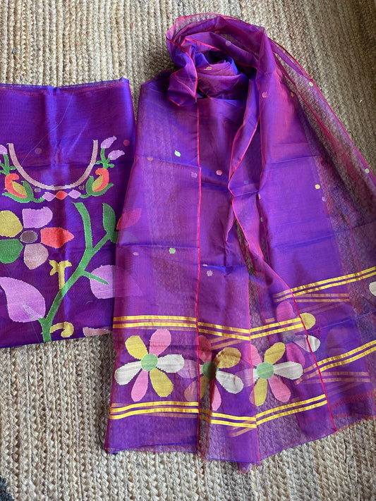 RED AND PURPLE JAMDANI HANDWOVEN PURE MUSLIN SILK KURTA SET is