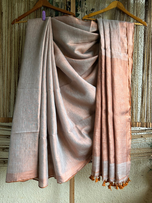 LIGHT BROWN LINEN ZARI SARI WITH WOVEN BROWN BORDER & TASSELS